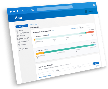 Ein blau-weißes Dashboard mit Daten zur Veranstaltungsregistrierung, Fortschrittsbalken und Statistiken.