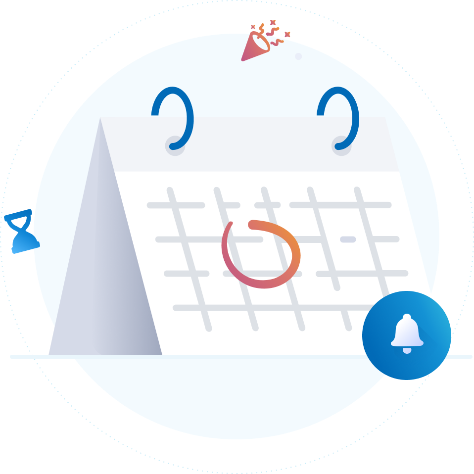 Kalender mit hervorgehobenem Datum, umgeben von festlichen Symbolen und einer Benachrichtigungsglocke.