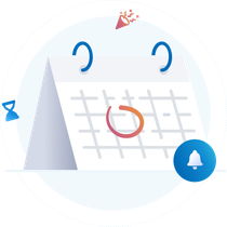 Kalender mit eingekreistem Datum, Glockensymbol und Konfetti als Hinweis auf eine Erinnerung oder ein Ereignis.