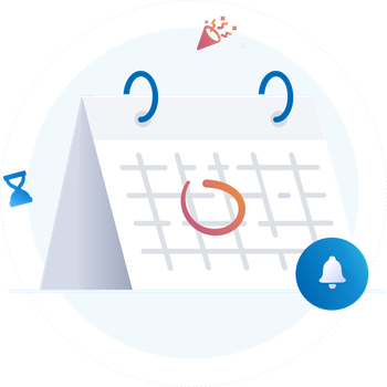 Kalender mit eingekreistem Datum, Glockensymbol und Konfetti als Hinweis auf eine Erinnerung oder ein Ereignis.