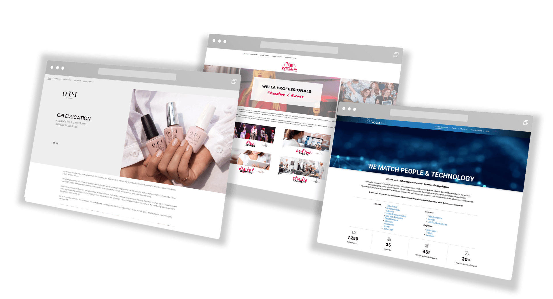 Drei auf Computerbildschirmen angezeigte Website-Modelle mit einem Schönheitsproduktthema, einem weichen weißen Hintergrund und Schatteneffekt.