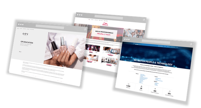 Drei auf Computerbildschirmen angezeigte Website-Modelle mit einem Schönheitsproduktthema, einem weichen weißen Hintergrund und Schatteneffekt.