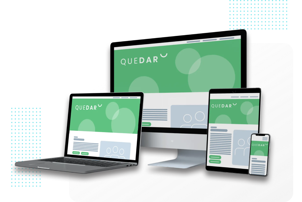 Website-Designs, die auf Laptop-, Desktop-, Tablet- und Telefonbildschirmen angezeigt werden. Grün-weißes Farbschema.