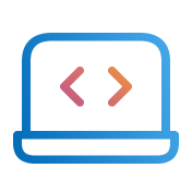Blaues Laptop-Symbol mit pinkfarbenen und orangefarbenen Codeklammern auf dem Bildschirm