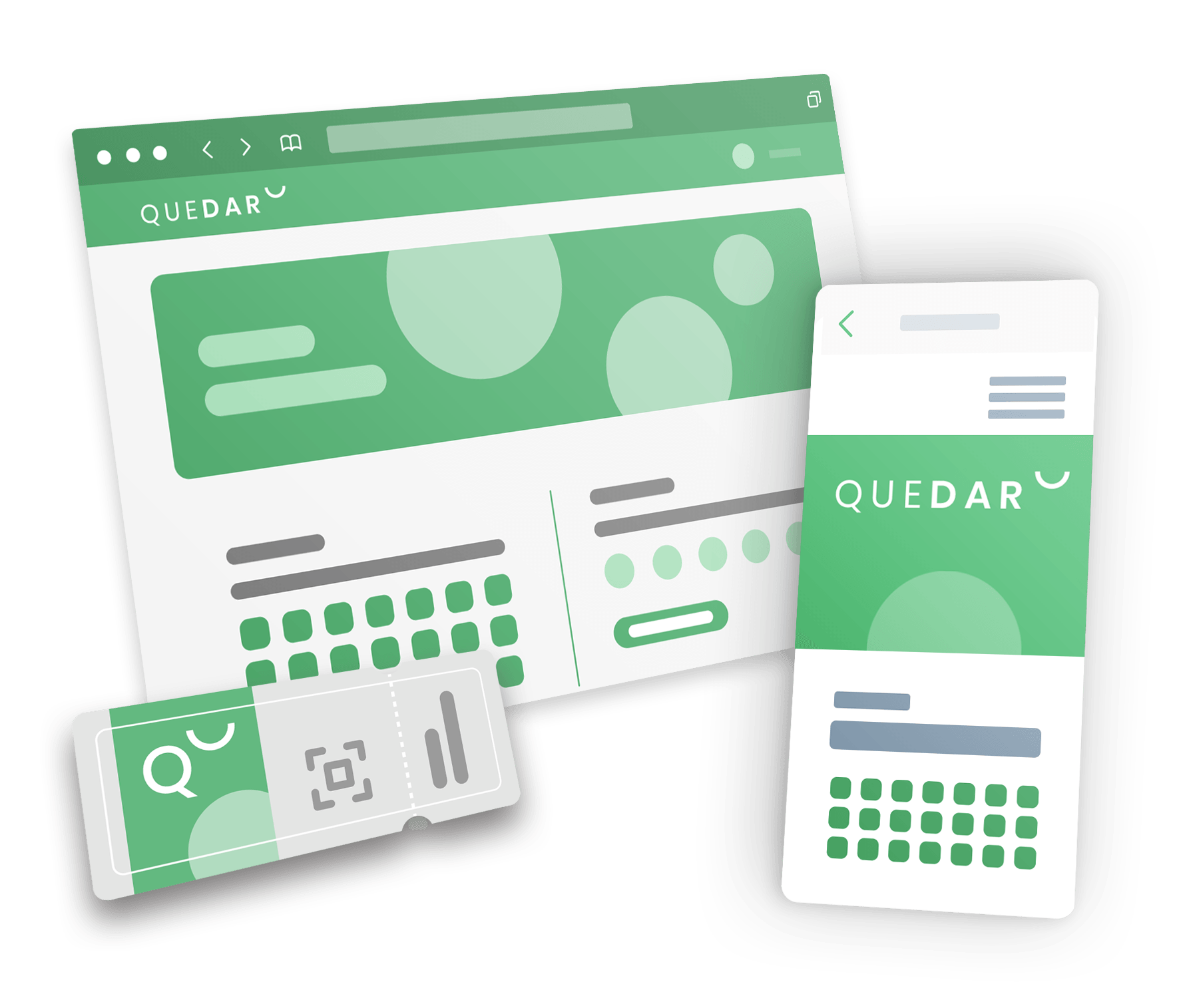 Benutzeroberflächendesigns im Grün-Stil: Website, mobile App und Ticket, mit Kalender und Veranstaltungsdetails, gekennzeichnet mit dem Wort „QUEDAR“.
