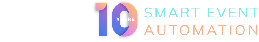 Logo für Smart Event Automation. Eine stilisierte violett-orange „10“ mit „Jahren“ in kleiner Schrift darin, gefolgt von „Smart Event Automation“ in einem hellblau-orangen Farbverlauf.