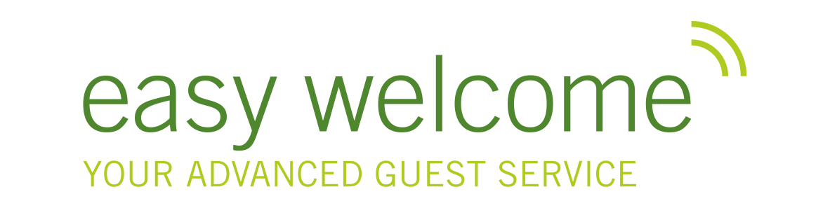 Logo für „Easy Welcome“ mit grünem Text und einem Antennensymbol. Der Slogan lautet „IHR ERWEITERTER GÄSTESERVICE“.