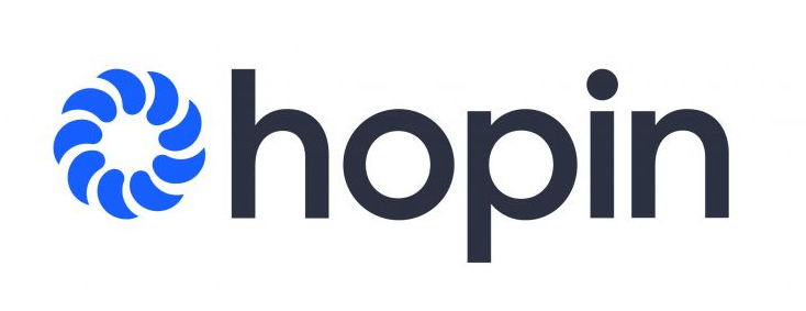 Hopin-Logo: ein blaues kreisförmiges Design aus Blütenblättern neben dem Wort „Hopin“ in Dunkelblau.