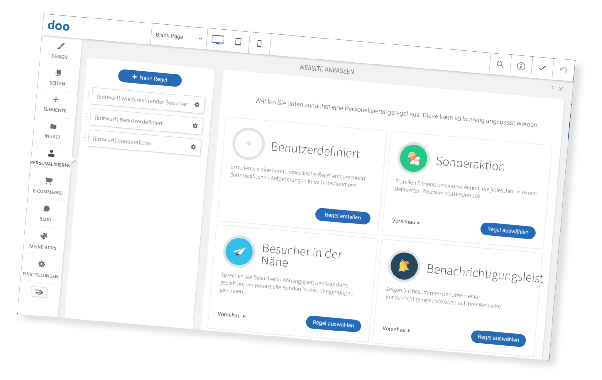 Screenshot der Benutzeroberfläche einer Projektmanagement-Software mit Aufgabenkarten mit Titeln, Beschreibungen und Schaltflächen. Die Benutzeroberfläche verfügt links über ein Seitenleistenmenü.