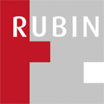 Logo für Rubin mit dem Wort „RUBIN“ in weißer Schrift über einem grau-roten Design mit einem roten vertikalen Rechteck und einem weißen Quadrat.