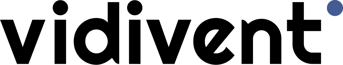 Das Wort „vidivent“ in fetten schwarzen Buchstaben mit einem kleinen dunkelblauen Punkt in der oberen rechten Ecke.