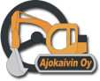 Ajokavain Oy:n logo mustalla, oranssilla ja harmaalla rakennuskonekuvakkeella