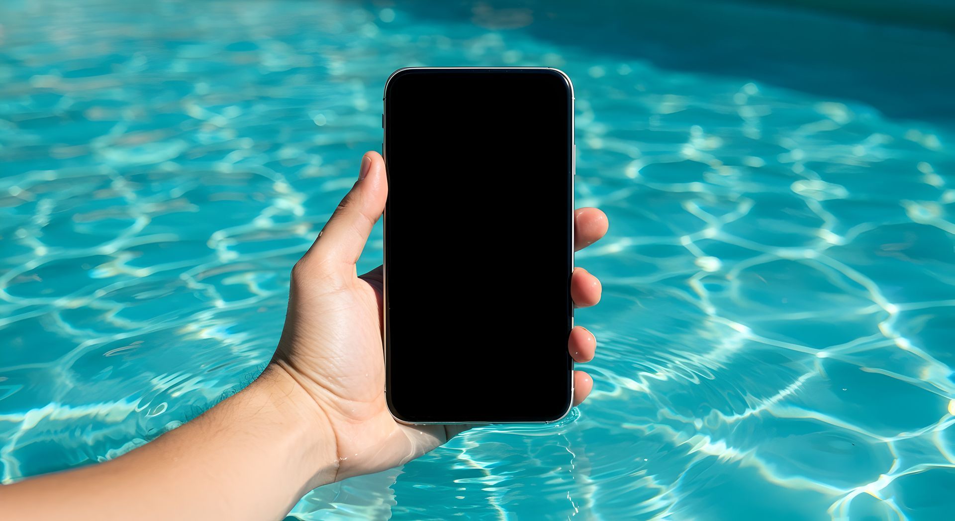 Main tenant un smartphone noir sur fond de piscine bleue.