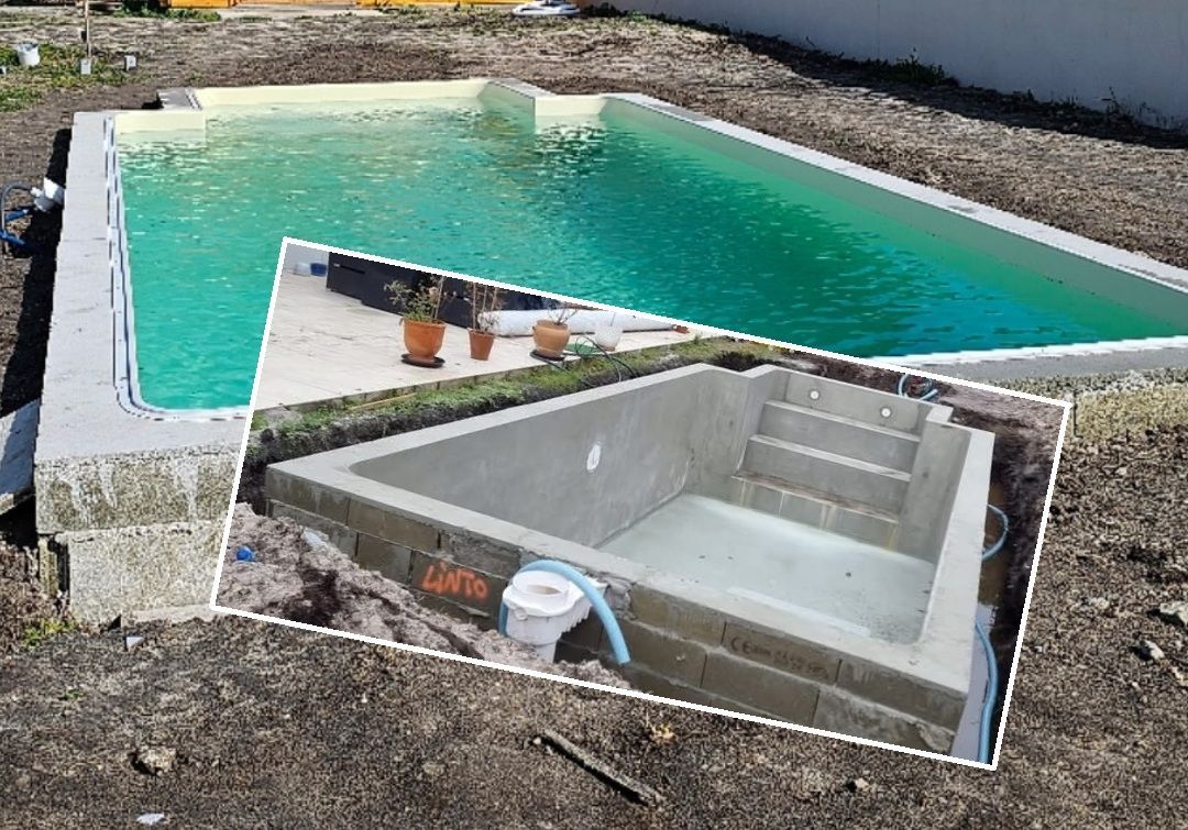 Piscine en béton en construction, avec un encart montrant les marches intérieures et la piscine terminée à l'eau turquoise.