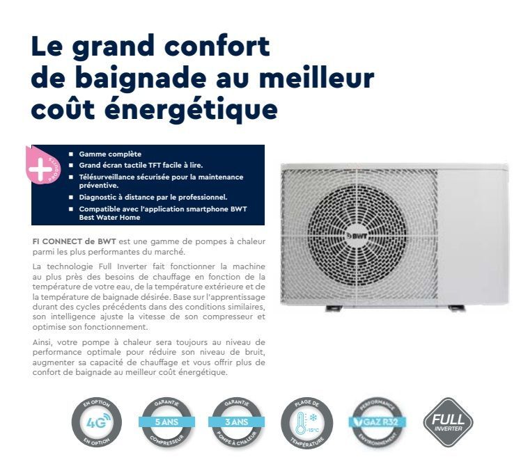 Publicité pour un système de chauffage de piscine. Texte blanc sur fond bleu et une pompe à chaleur.