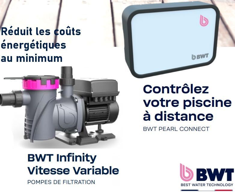 Publicité pour le système de filtration de piscine BWT, montrant la pompe et la télécommande, texte en français.