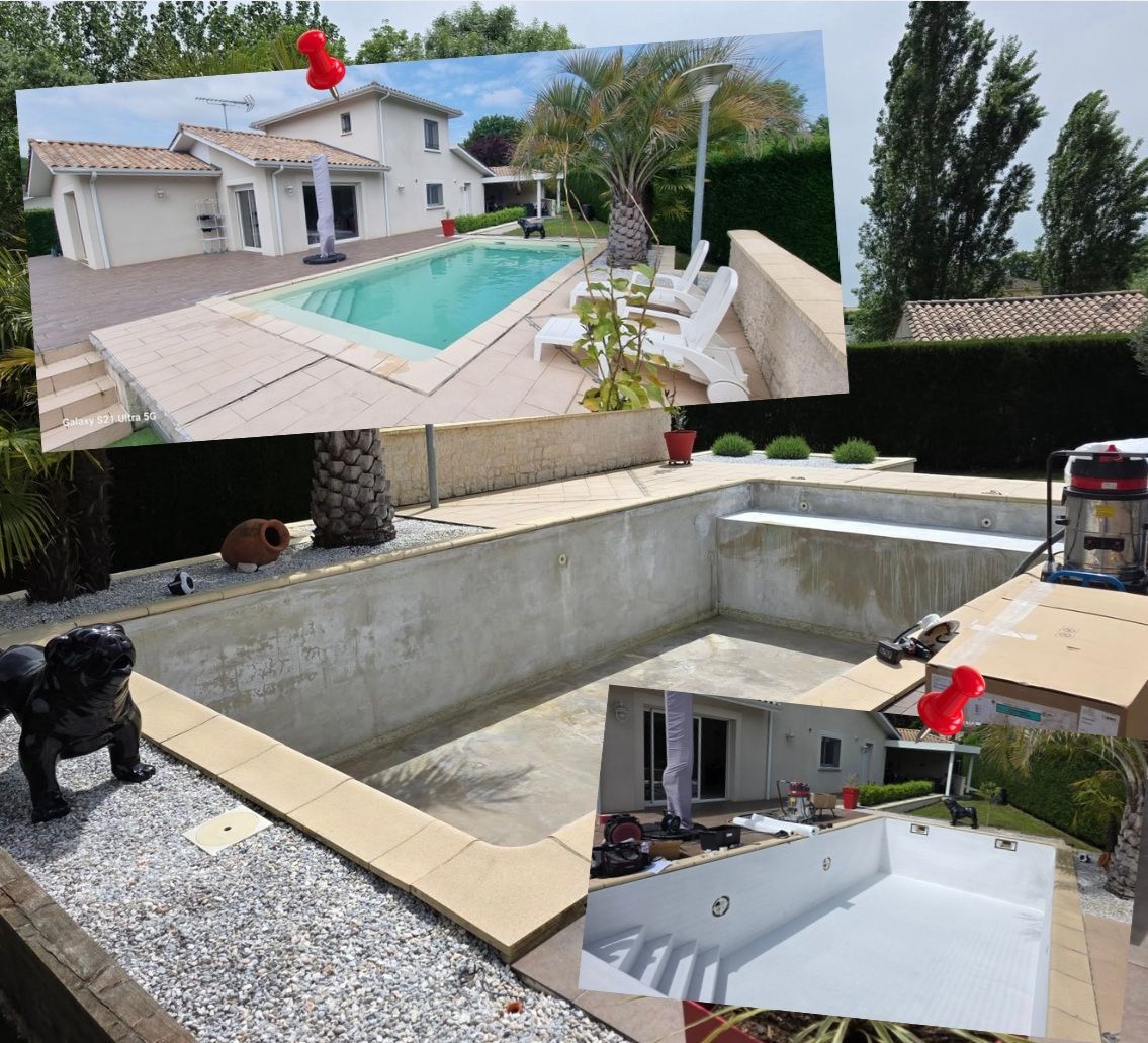 Un homme installe une toile de piscine bleue dans une piscine vide ; à l'extérieur, ensoleillé.