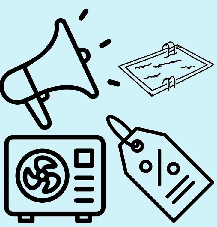 Mégaphone, piscine, climatiseur et étiquette de prix avec un symbole de pourcentage.