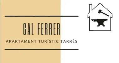 Un logotipo para los apartamentos Cal Ferrer con un yunque en forma de casa.