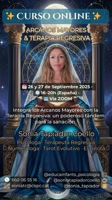 Cartel azul para curso online de tarot, con texto sobre arcana mayor, tapiz regresiva y fechas de septiembre 2025