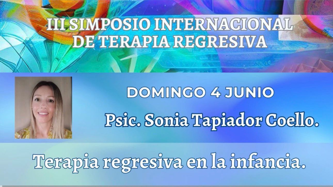 Cartel azul y morado del III Simposio Internacional de Terapia Regresiva con foto de Sonia Tapia de Coello.