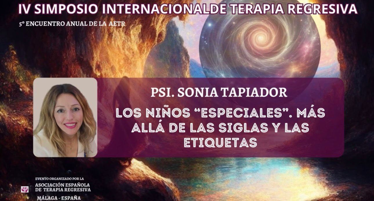 Cartel del IV Simposio Internacional de Terapia Regresiva con foto de Sonia Taradop y fondo cósmico.