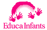 Logotipo rosa de EducaInfants con huellas de manos y un arco sobre el texto.