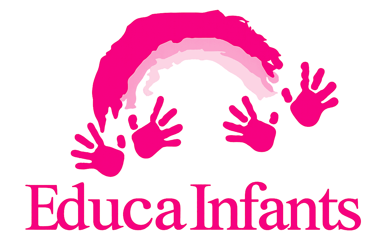 Logotipo rosa de EducaInfants con huellas de manos y un arco sobre el texto.