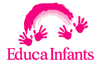 Logotipo rosa de EducaInfants con huellas de manos y un arco sobre el texto.