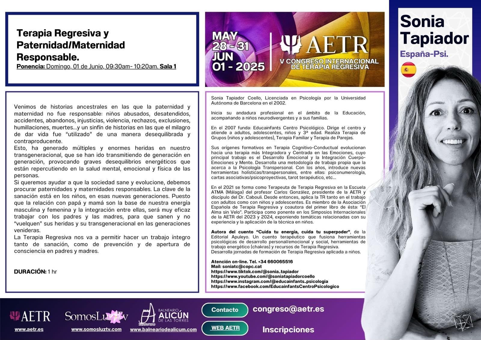 Cartel del evento AETR con columnas de texto y un retrato en escala de grises de Sonia Tapiador a la derecha.