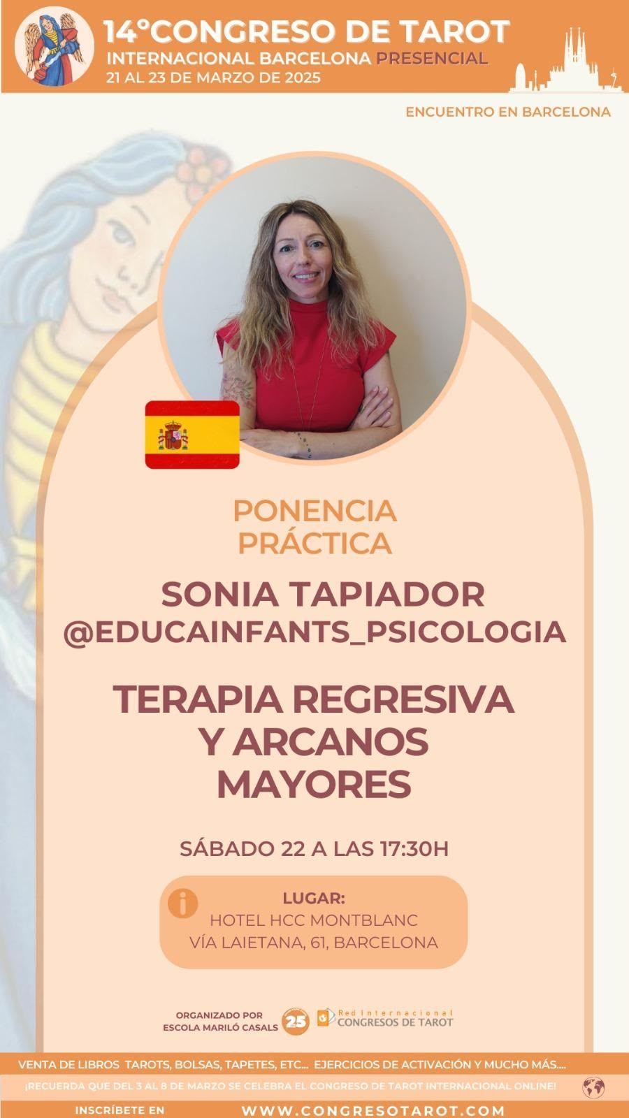 Cartel del 14° Congreso de Tarot con foto de Sonia Tapidor y ponencia práctica sobre terapia regresiva y arcanos mayores.