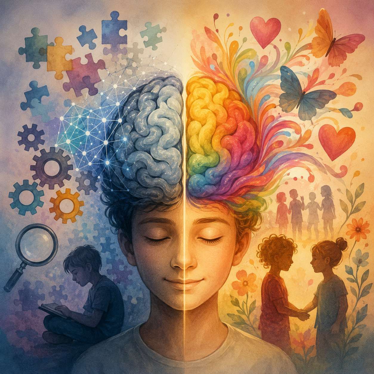 Cabeza humana partida con motivos de cerebro y corazón, rodeada de rompecabezas, engranajes, mariposas.