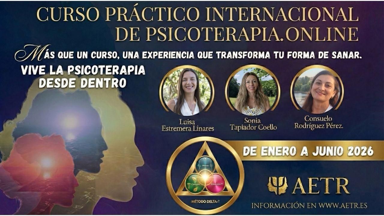 Banner azul de curso práctico internacional de psicoterapia online con retratos, logos y fechas enero-junio 2026
