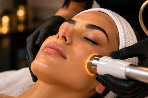 Tratamiento facial de spa con guantes y un dispositivo luminoso sobre el rostro de una mujer