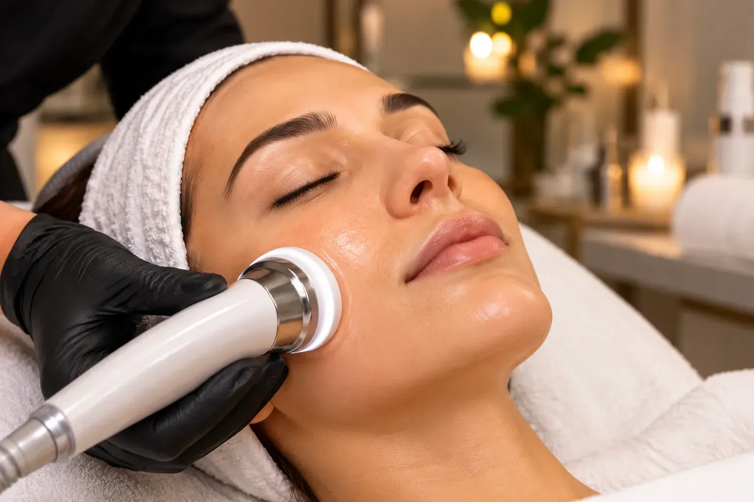 Mujer recibiendo un tratamiento facial con un dispositivo portátil para el cuidado de la piel