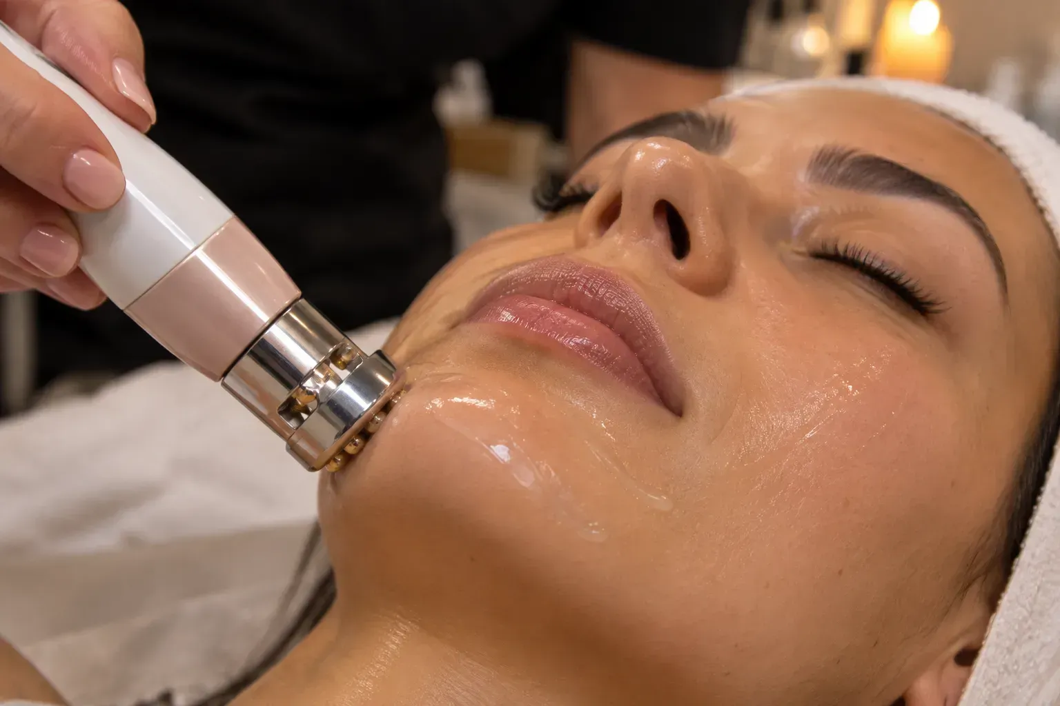 Tratamiento facial para el cuidado de la piel con un dispositivo portátil aplicado en la barbilla