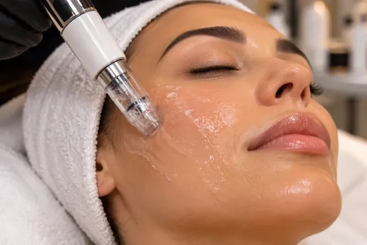 Dispositivo de tratamiento facial deslizándose por la mejilla de una mujer mientras descansa con los ojos cerrados