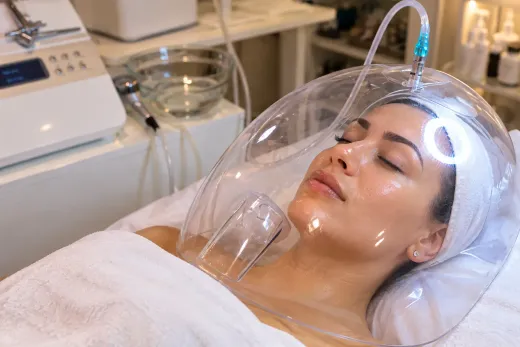 Mujer recibiendo un tratamiento facial bajo una cúpula transparente en un spa