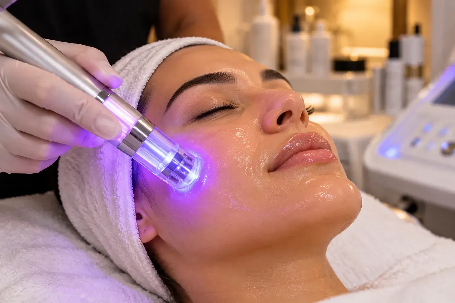 Tratamiento facial con un dispositivo morado luminoso en una mujer tumbada en una camilla de spa
