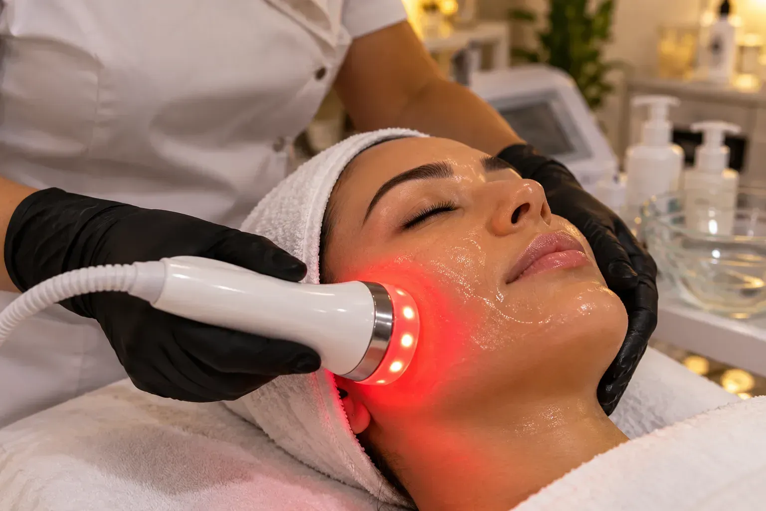 Persona recibiendo un tratamiento facial con luz LED roja en un spa