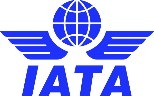 Logotipo azul de IATA: globo terráqueo con alas sobre el acrónimo "IATA".