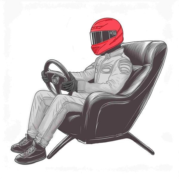 Accueil Logo de l'entreprise Protocol Cuirs : Personne en combinaison de course et casque rouge assise sur une chaise, tenant un volant.
