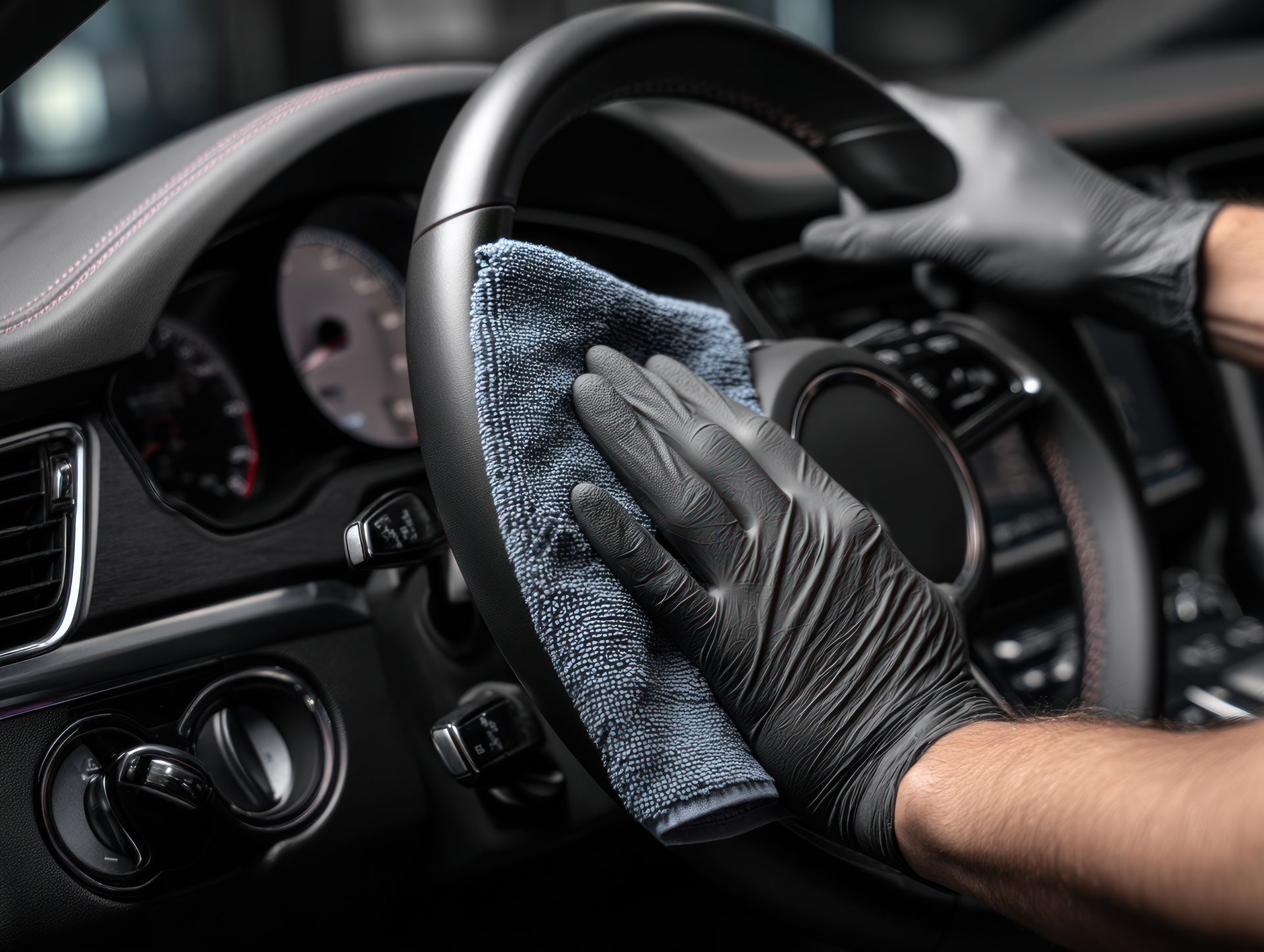 Une personne portant des gants noirs nettoie le volant d'une voiture avec un chiffon en microfibre.
