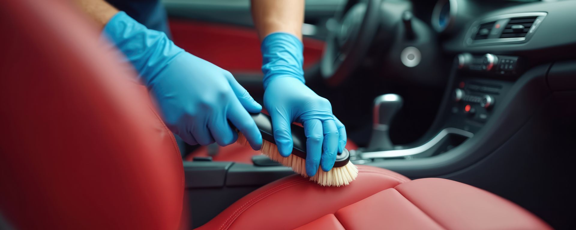 Une personne portant des gants bleus nettoie un siège de voiture rouge avec une brosse à l'intérieur de la voiture.