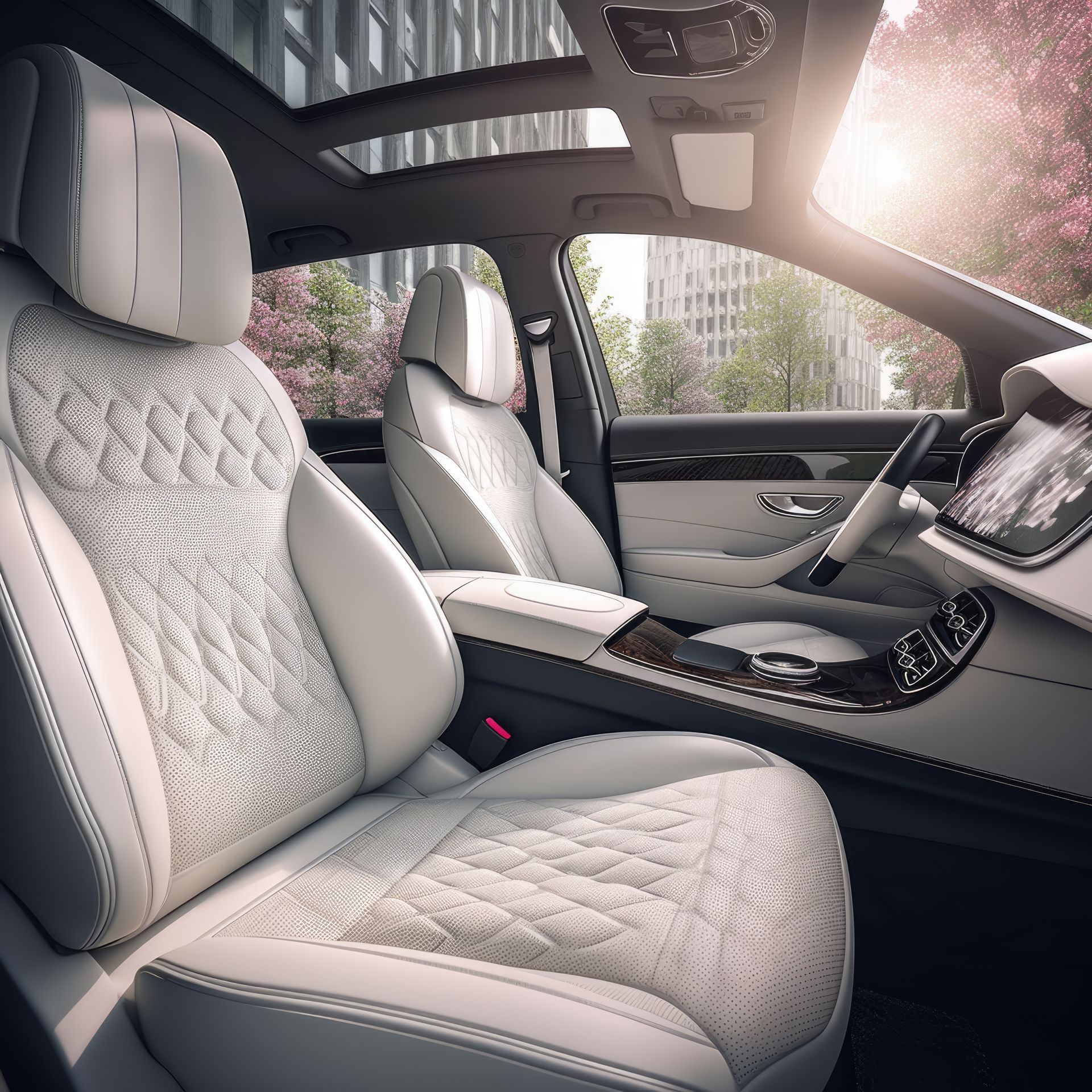 Intérieur de voiture en cuir blanc avec sièges matelassés, toit ouvrant et vue sur la ville.