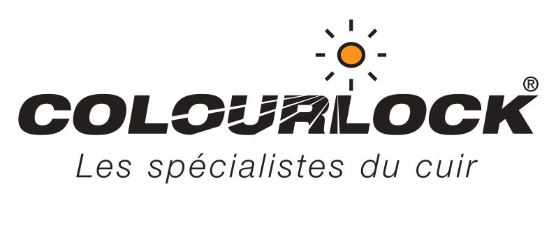 Logo : Colourlock, spécialiste du cuir, icône soleil. Texte noir sur fond blanc.