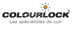Logo : Colourlock, spécialiste du cuir, icône soleil. Texte noir sur fond blanc.