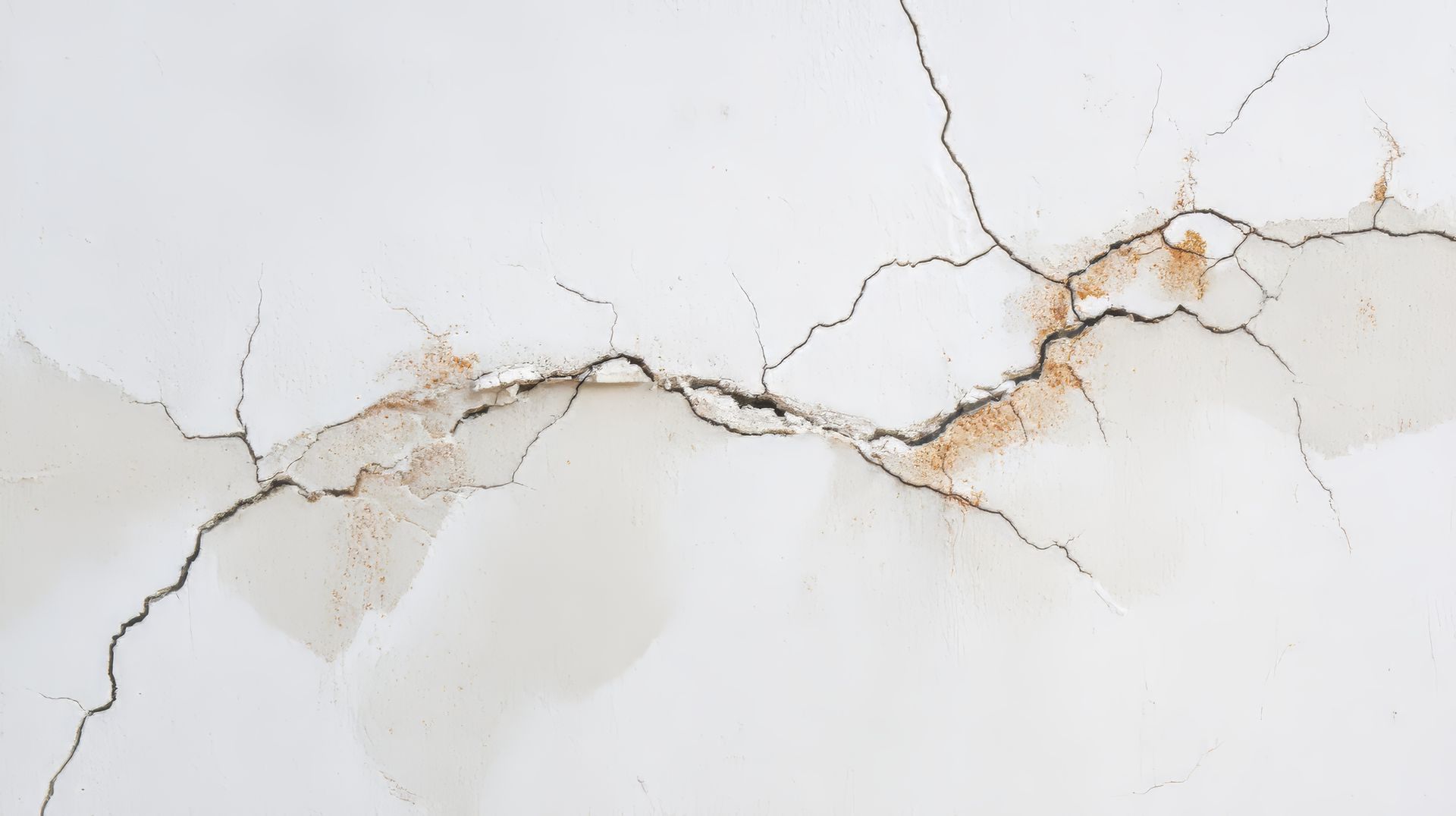 Plafond blanc fissuré avec des taches d'eau. Une décoloration brune entoure les fissures.