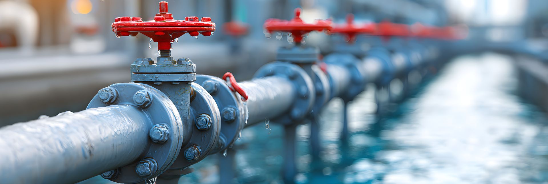 Tuyaux industriels avec vannes rouges, fuite d'eau.