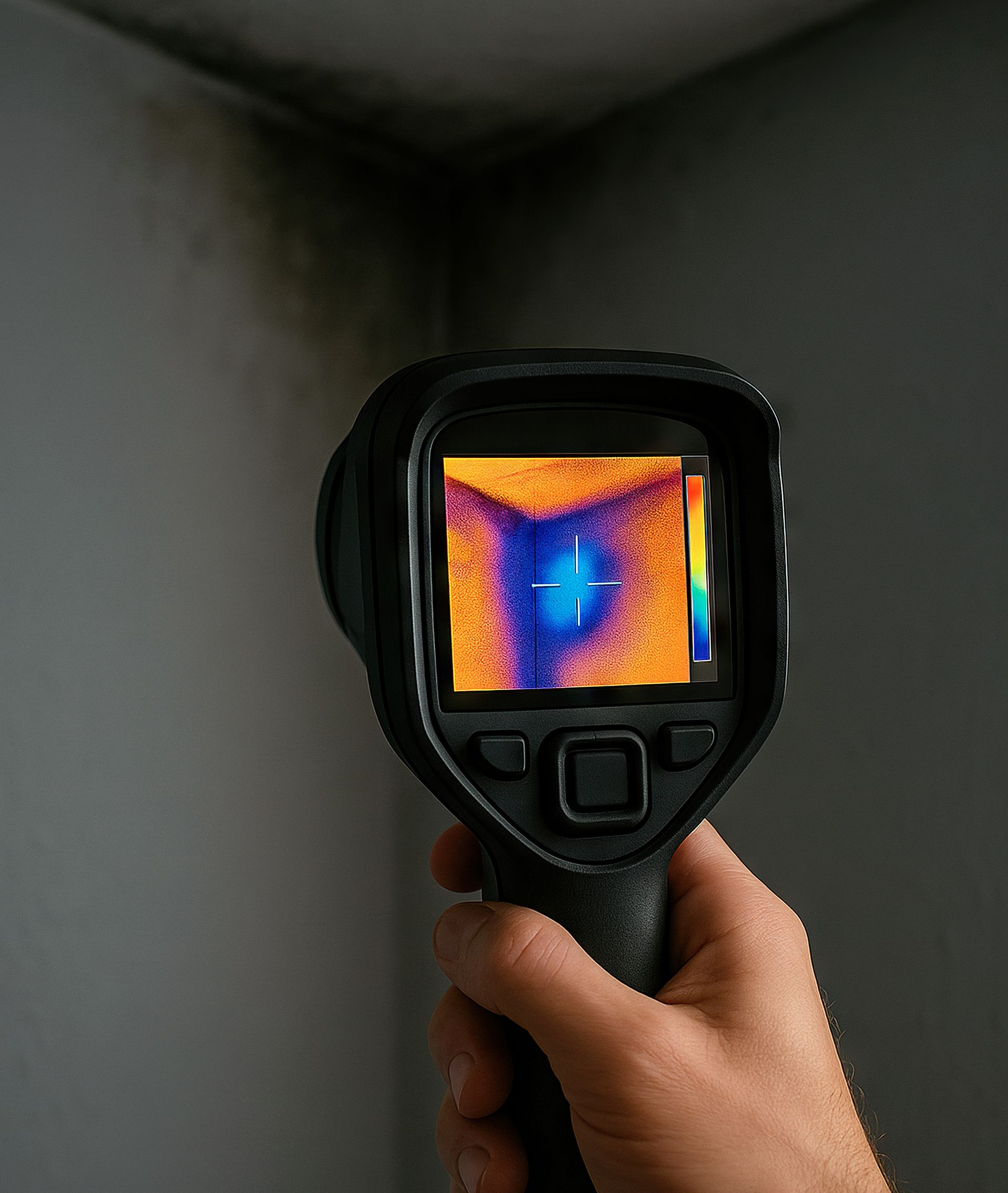 Main tenant une caméra thermique, montrant une zone froide dans un coin de mur, signe potentiel d'humidité.